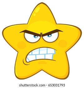 Angry Yellow Star Cartoon Emoji Face Character With Aggressive Expressions. Vector Illustration Isolated On White Background