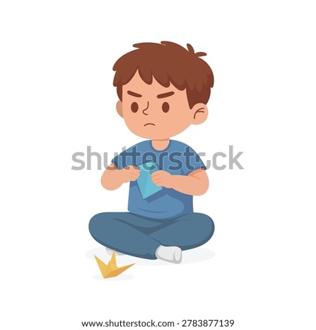 Angry Young Boy Sitting Cross Legged Holding a Broken Paper Airplane with a Sad Face