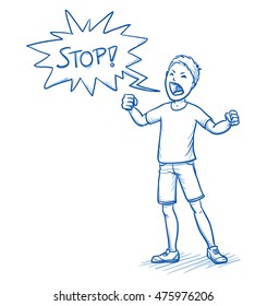 Angry young boy yelling stop and speech bubble  Hand drawn cartoon doodle vector illustration 