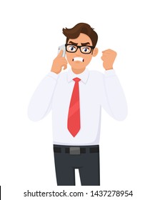 Angry young business man in formal speaking/talking on the mobile, cell or smart phone. Male character gesturing or making raised hand fist. Modern lifestyle, digital technology in cartoon style.