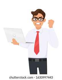 Angry young businessman holding laptop computer and making raised hand fist gesture. Frustrated person shouting or screaming. Modern lifestyle, digital technology illustration in vector cartoon.