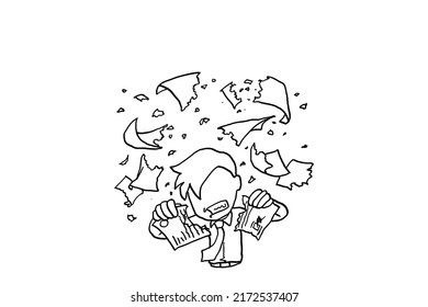 Angry young businessman ripping out document. Concept of stress. Cartoon vector illustration design