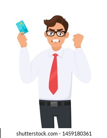 Angry young businessman showing credit, debit, ATM card and raising hand fist. Person holding digital payment card. Male character design illustration. Modern lifestyle concept in cartoon style.