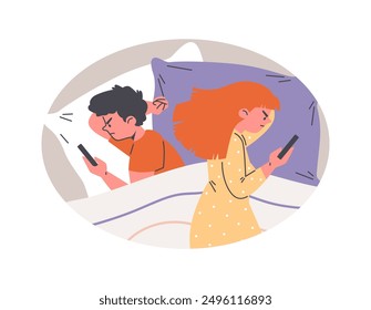 Angry young couple lying apart in the bed using smartphones. Intimate problem vector illustration isolated in oval frame. Cartoon woman and man lovers in conflict relationship