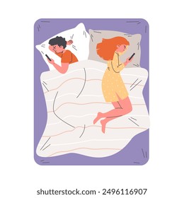 Angry young couple lying apart in the bed using smartphones. Intimate problem vector illustration isolated. Cartoon woman and man in conflict relationship