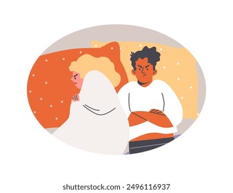 Angry young couple lying apart in the bed. Intimate problem vector illustration isolated in oval frame. Cartoon multinational woman and man lovers in conflict relationship