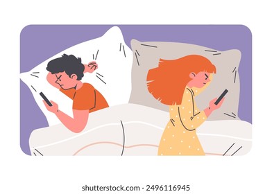 Angry young couple lying apart in the bed, turned away using smartphones. Intimate problem vector illustration isolated in frame. Cartoon woman and man lovers in conflict relationship