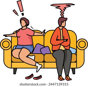 Angry Young Couple Turning Their Backs Against One Another While Sitting concept, Relationship Problem vector icon design, Mood and feeling symbol, Emotional Characters sign, Social issues scene stock
