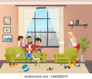 Angry Young Father Look After Naughty Children. Man Character With Clenched Teeth Sitting On Sofa. Kids Playing And Making Mess At Home. Mother Shocked. Cartoon Vector Illustration