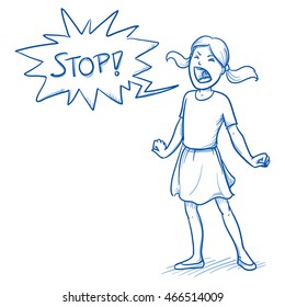 Angry young girl yelling stop with speech bubble. Hand drawn cartoon doodle vector illustration.