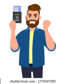 Angry young hipster man showing passport with tickets and gesturing raised hand fist. Frustrated person holding boarding pass. Aggressive male character. Cartoon illustration design in vector style.