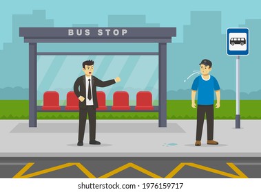 Angry young male character yelling to other spitting man. City bus stop or station. Flat vector illustration template. 