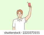 Angry young male referee showing red card at football field. Mad man judge make warning during game. Vector illustration. 