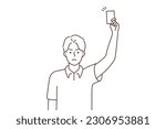 Angry young male referee showing red card at football field. Mad man judge make warning during game. Vector illustration. 