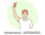Angry young male referee showing red card at football field. Mad man judge make warning during game. Vector illustration.