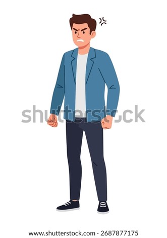 An angry young man in a blue jacket stands with clenched fists, his face showing frustration and rage. A cartoonish anger symbol appears by his head.