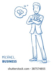 Angry young man in business suit with folded arms and dark cloud in a thought bubble. Hand drawn line art cartoon vector illustration.