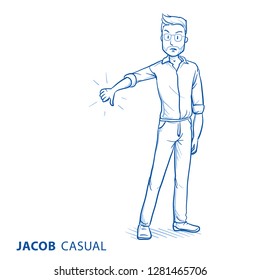 Angry young man in casual clothes showing thumb down. Concept for negative rating, bad service, displeased customer. Hand drawn blue line art cartoon vector illustration. 