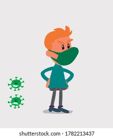 Angry  young man dressed casually with mask and virus COVID