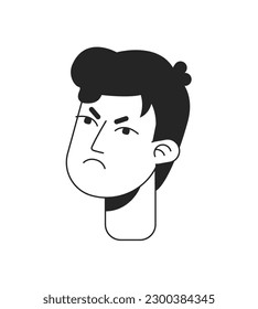 Joven enojado con cejas monocromáticas de caracter lineal plano. Mostrando descontento. Icono de la cara humana dibujado a mano de esquema modificable. Ilustración de avatar de vector spot de caricatura 2D para animación