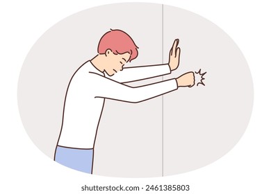 Angry young man hit wall with fist. Mad guy feel emotional suffer from life problems or difficult situation. Vector illustration.