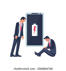 Angry young man holds a smartphone in his hands. Discharged battery on the phone screen. Low battery. Vector illustration flat design. Isolated on background.