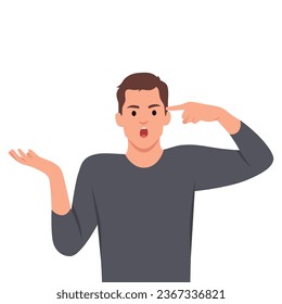 Joven enojado haciendo un gesto loco con un dedo en el brazo arriba. Apuntando su cabeza. Ilustración vectorial plana aislada en fondo blanco