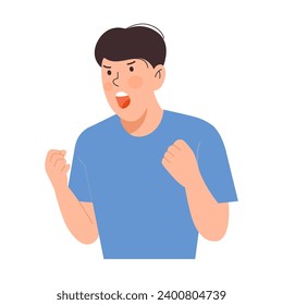 Angry young man screams in anger. Outburst of hot temper with aggression, displeasure with facial expressions. Flat vector illustration.