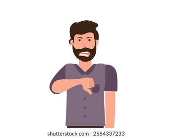 Angry young man showing thumbs down, dislike, negative emotion vector, illustration.