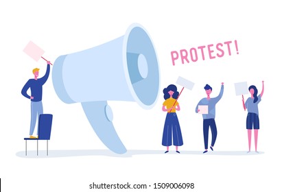 Angry Young People Holding Banners and Placards on Protest. Political Meeting or Rally with Huge Loudspeaker. Man and Woman Protesting  on Demonstration. Vector flat illustration