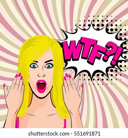Angry young sexy blonde comic girl pop art style. Human emotions face expression feelings. Vector illustration woman portrait, red lips, shocked emotion, empty speech bubble in comic book