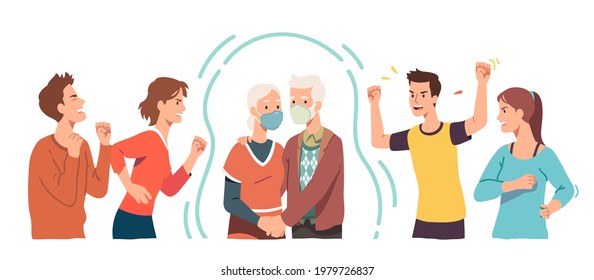 Angry young skeptics men, women denying coronavirus bullying elderly couple wearing masks. Persons protesting against corona virus measures. COVID denial conspiracy theorists flat vector illustration