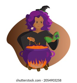 Angry young Witch with cauldrones wearing a black  dress and hat with  magic potions and magic book. Cartoon vector illustration