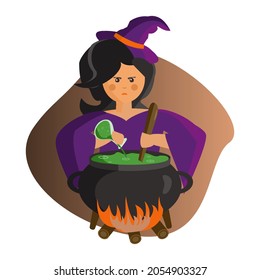 Angry young Witch with cauldrones wearing a purple dress and hats with black cat, magic potions. Cartoon vector illustration