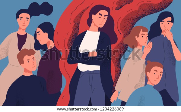 Angry young woman among people not willing to talk\
to her. Concept of communication problem with unpleasant arrogant\
annoying selfish person. Colorful vector illustration in flat\
cartoon style.