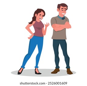 An angry young woman angers the man involved in family misunderstandings. Wife scolds bothered unhappy husband. Separation and fight. Vector illustration.