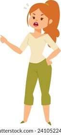 Angry young woman arguing, expressive redhead female cartoon character, hands on hips, frustration gesture. Conflict, debate, and anger expression vector illustration.