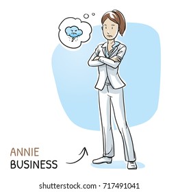 Angry young woman in business clothes with folded arms and dark cloud in a thought bubble. Hand drawn cartoon sketch vector illustration, whiteboard marker style coloring.
