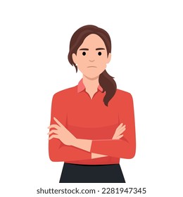 Angry young woman crossed her arms. The girl is standing in a green sweater with her arms crossed over her chest. Flat vector illustration isolated on white background