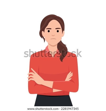 Angry young woman crossed her arms. The girl is standing in a green sweater with her arms crossed over her chest. Flat vector illustration isolated on white background