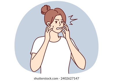 Angry young woman distressed with red pimples. Stressed girl frustrated with acne or allergy on face. Skincare problems. Vector illustration.