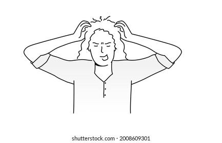 Angry young woman holding her head with her hands. Hand drawn vector illustration. Black and white.