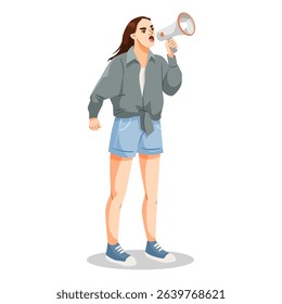 Angry young woman holding megaphone and shouting, cartoon style on white background. Concept of protest, activism, and social justice. Vector illustration