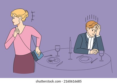 Angry young woman leaving lover alone in restaurant breaking up or divorcing. Mad female leave cafe after failed date. Romantic relationships problem concept. Vector illustration. 