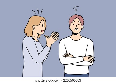 Angry young woman lecture annoyed man engaged in family misunderstanding. Mad wife scold bothered unhappy husband. Breakup and fight. Vector illustration. 