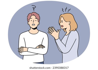 Angry young woman lecture annoyed man engaged in family misunderstanding. Mad wife scold bothered unhappy husband. Breakup and fight. Vector illustration.