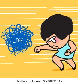 Angry Young Woman Punching A Messy LIfe Concept Cartoon Character illustration