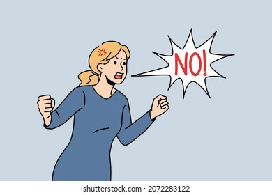 Angry young woman scream yell No protest against discrimination or gender inequality. Mad furious girl shout demonstrate dissatisfaction. Freedom of speech concept. Vector illustration. 