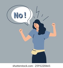 Angry young woman scream yell No protest against discrimination or gender inequality. Mad furious girl shout demonstrate dissatisfaction. Freedom of speech concept. Vector illustration.