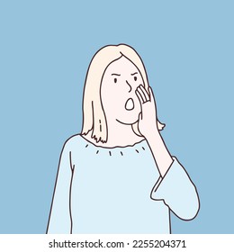 Angry young woman shouting and screaming loud to side with hand on mouth simple korean style illustration